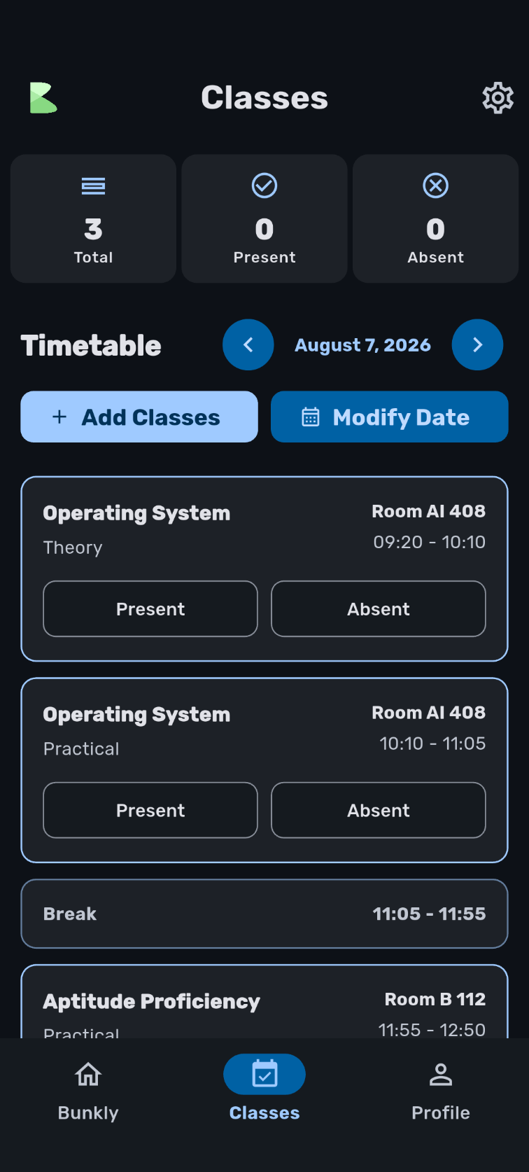 Bunkly timetable screen